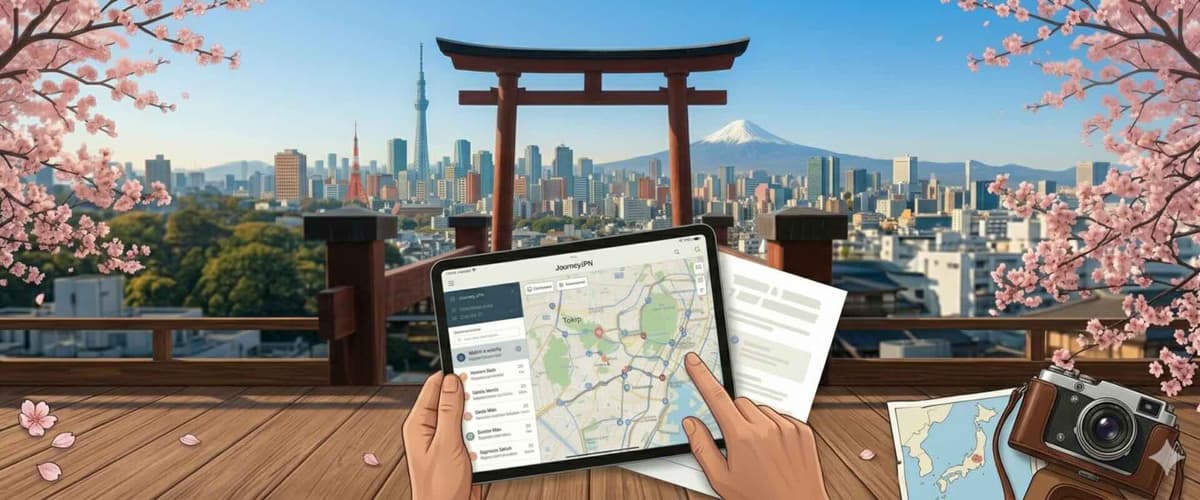 Japan trip planner showing Tokyo Tower, Mount Fuji, cherry blossoms, and an interactive itinerary editor